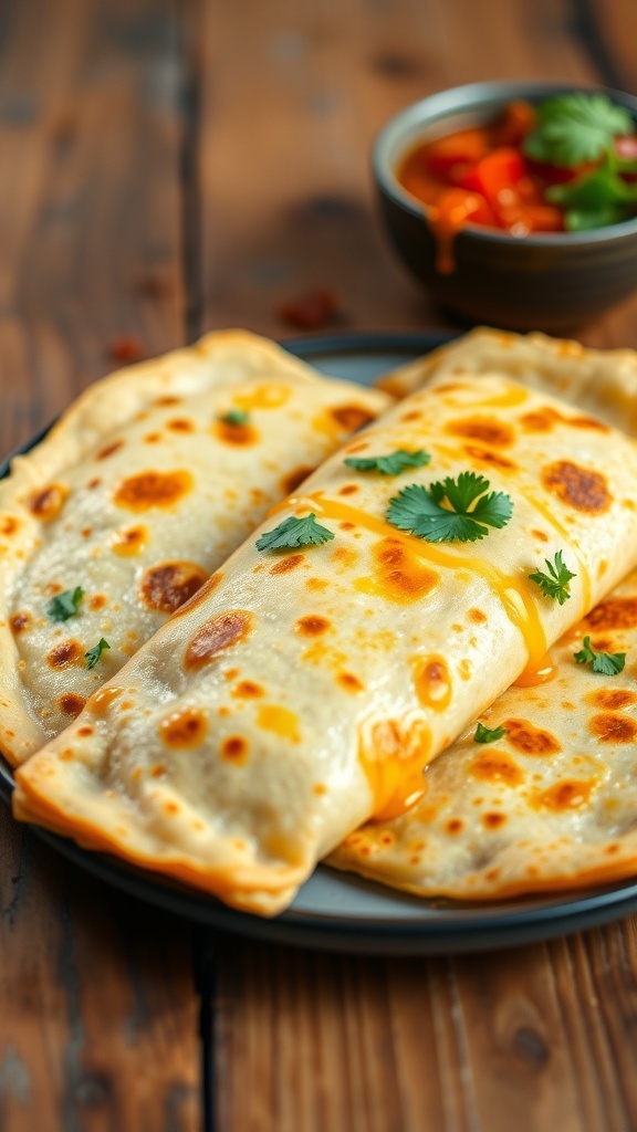 Crispy cheesy tortillas on a plate with salsa and cilantro garnish.